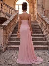 Sheath/Column Halter Chiffon Maxi Formal Dresses with 3D Flowers & Pleats