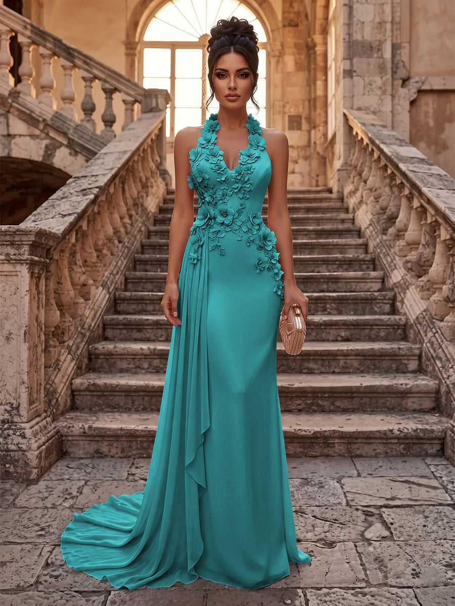 Sheath/Column Halter Chiffon Maxi Formal Dresses with 3D Flowers & Pleats