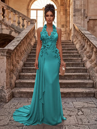 Sheath/Column Halter Chiffon Maxi Formal Dresses with 3D Flowers & Pleats