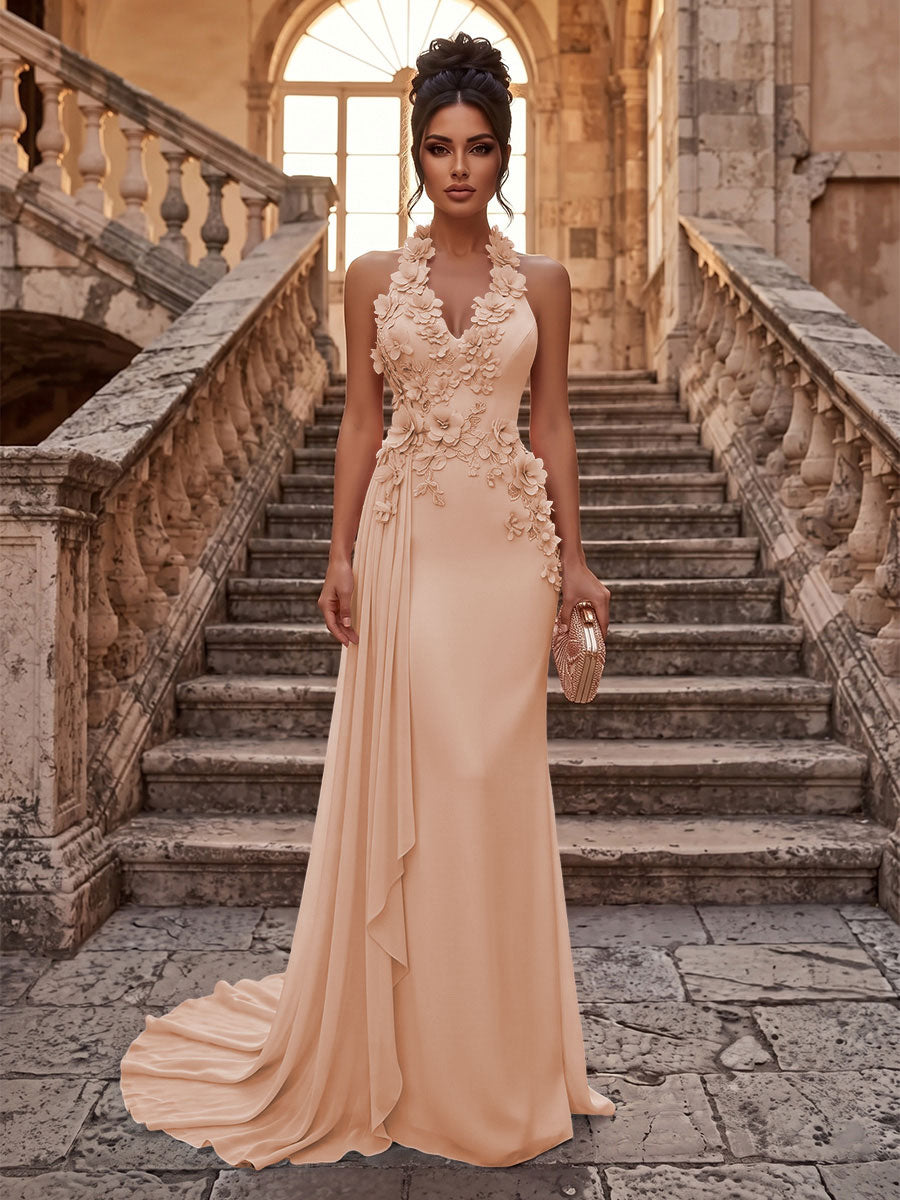 Sheath/Column Halter Chiffon Maxi Formal Dresses with 3D Flowers & Pleats