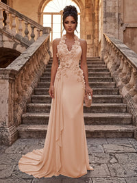 Sheath/Column Halter Chiffon Maxi Formal Dresses with 3D Flowers & Pleats
