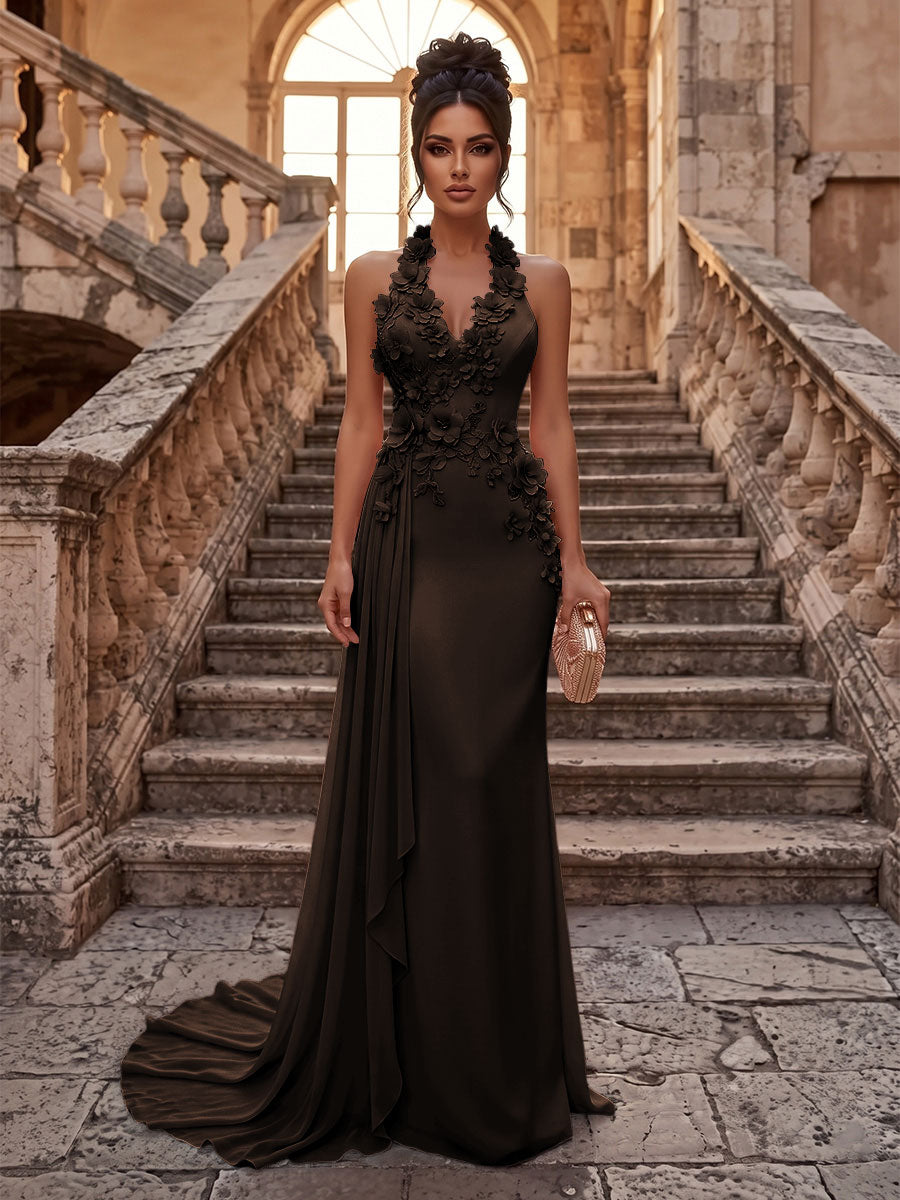 Sheath/Column Halter Chiffon Maxi Formal Dresses with 3D Flowers & Pleats