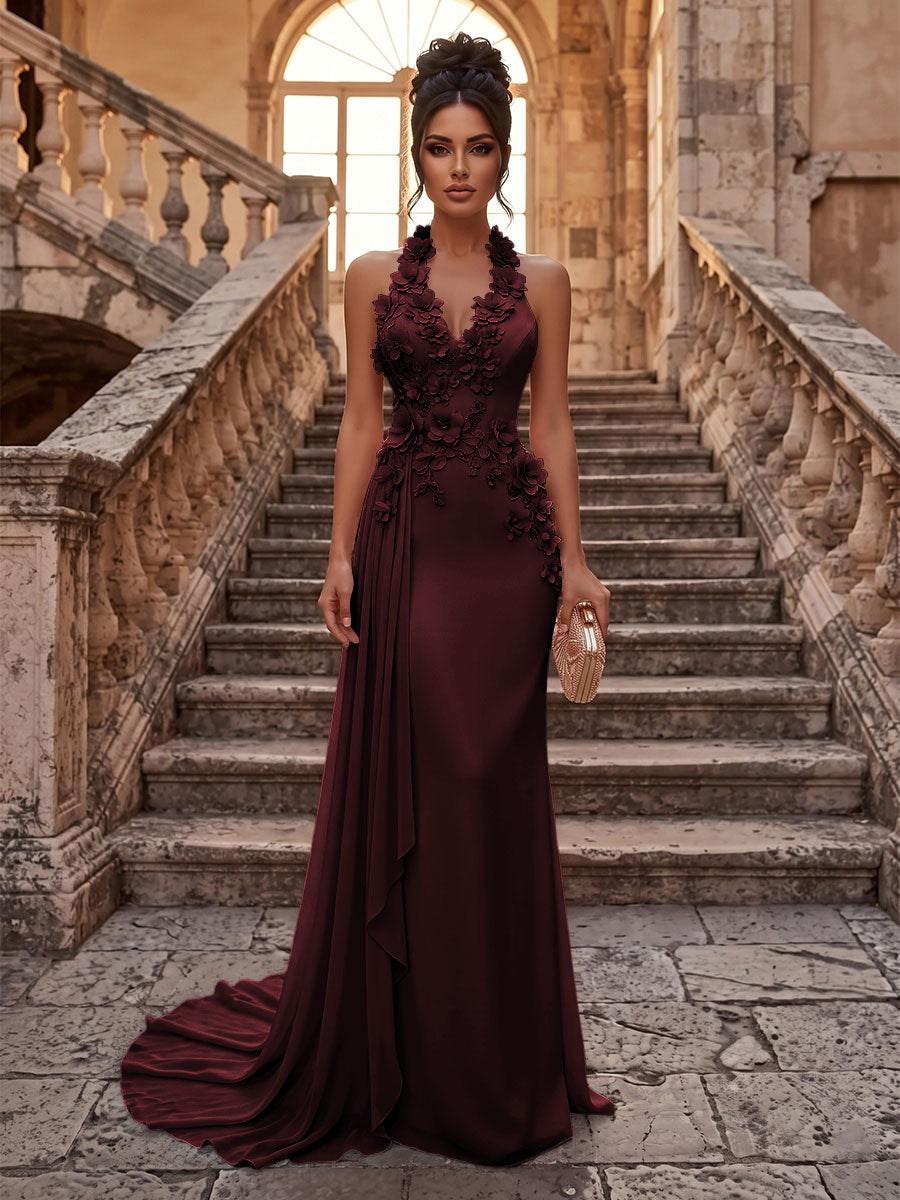 Sheath/Column Halter Chiffon Maxi Formal Dresses with 3D Flowers & Pleats