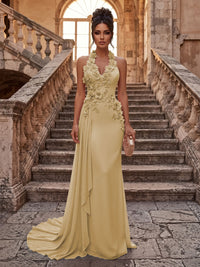 Sheath/Column Halter Chiffon Maxi Formal Dresses with 3D Flowers & Pleats
