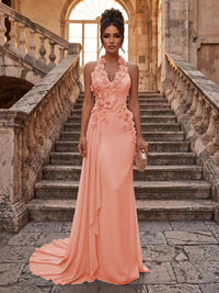 Sheath/Column Halter Chiffon Maxi Formal Dresses with 3D Flowers & Pleats