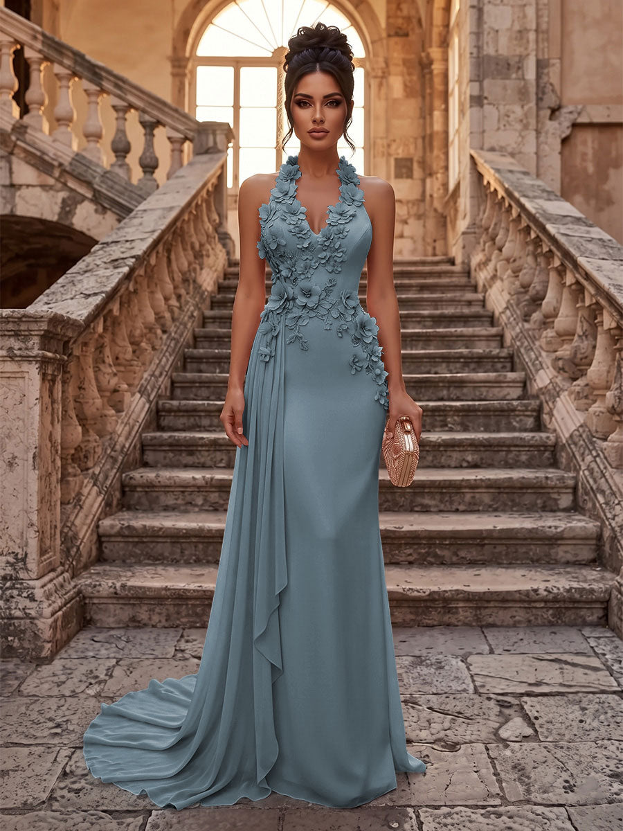 Sheath/Column Halter Chiffon Maxi Formal Dresses with 3D Flowers & Pleats