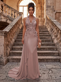 Sheath/Column Halter Chiffon Maxi Formal Dresses with 3D Flowers & Pleats