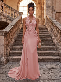 Sheath/Column Halter Chiffon Maxi Formal Dresses with 3D Flowers & Pleats