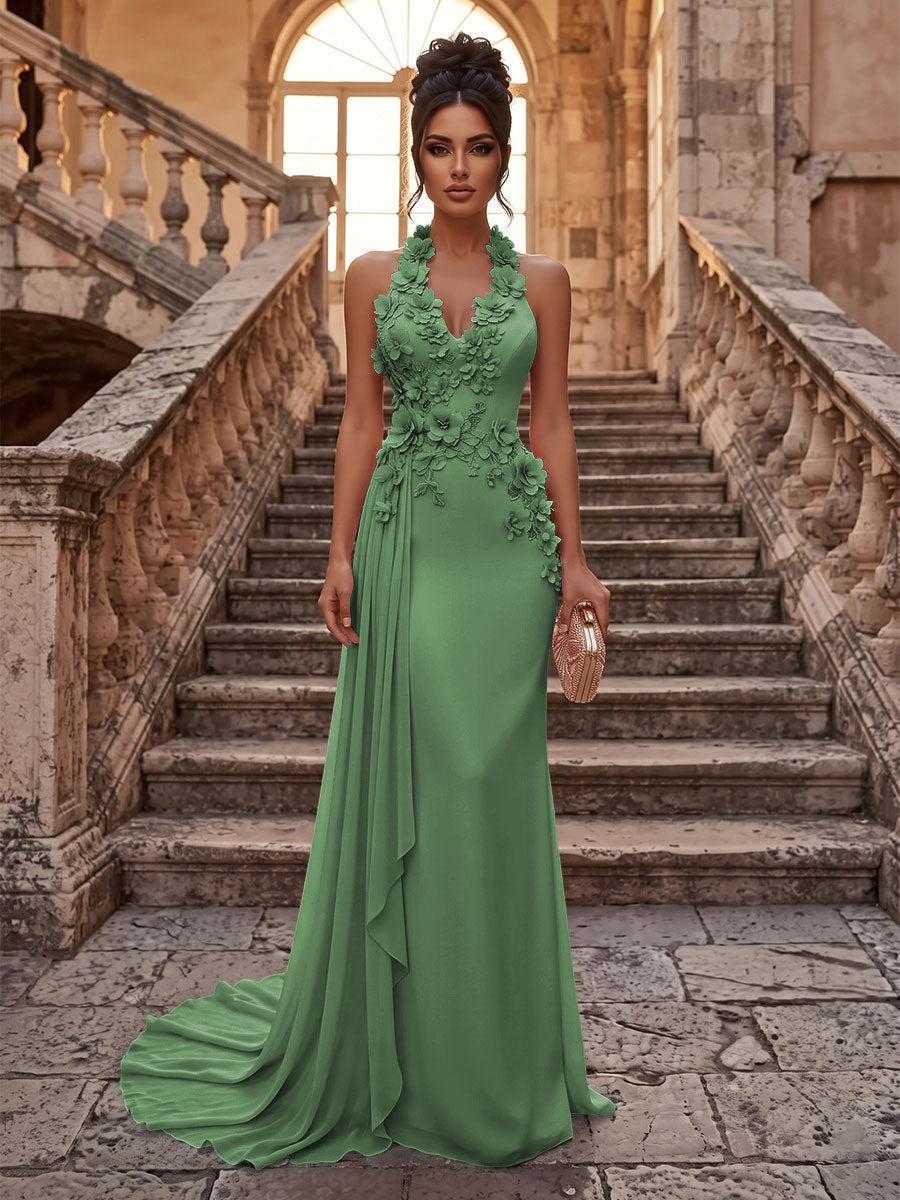 Sheath/Column Halter Chiffon Maxi Formal Dresses with 3D Flowers & Pleats