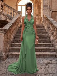Sheath/Column Halter Chiffon Maxi Formal Dresses with 3D Flowers & Pleats