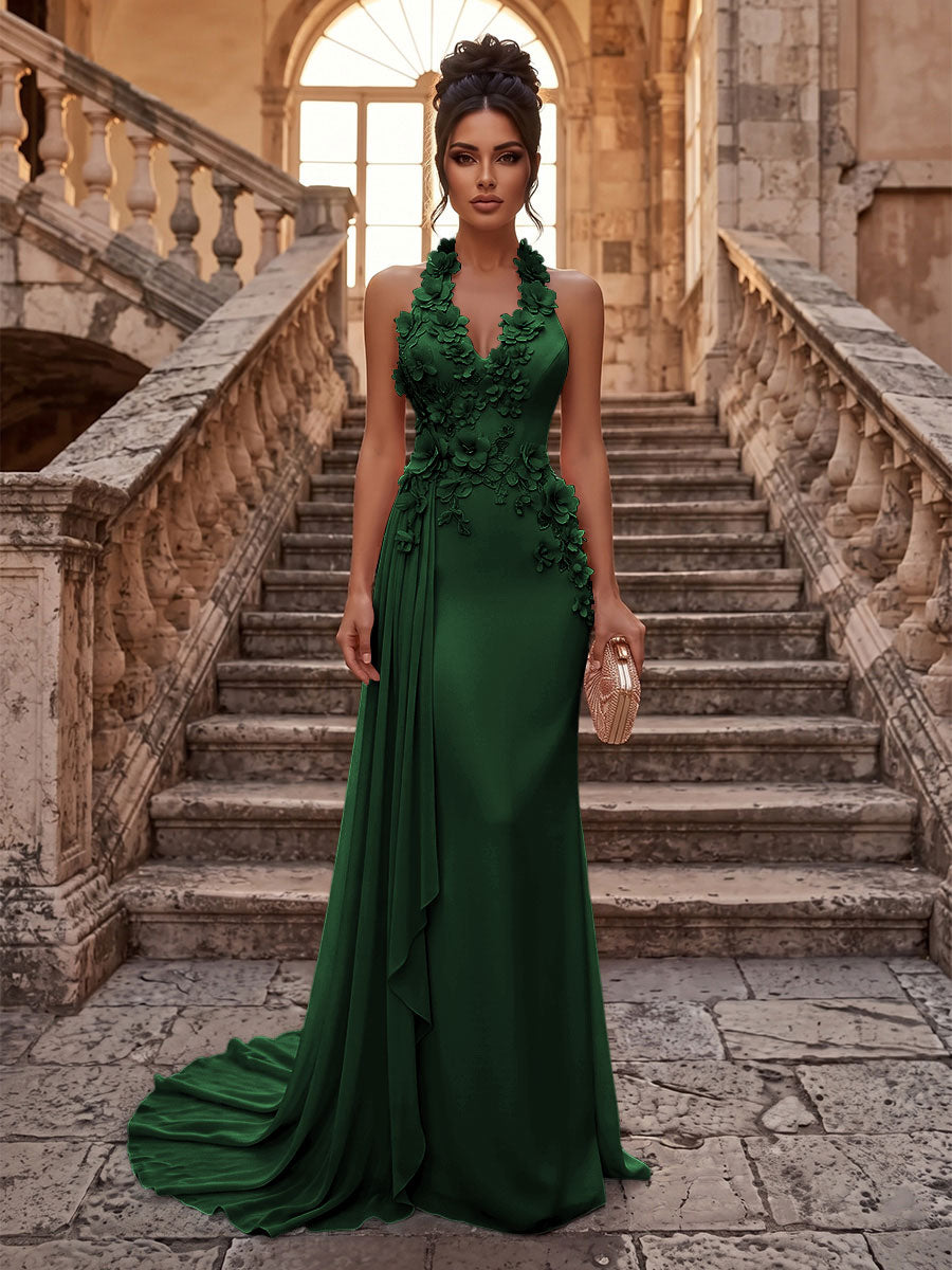 Sheath/Column Halter Chiffon Maxi Formal Dresses with 3D Flowers & Pleats