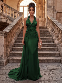 Sheath/Column Halter Chiffon Maxi Formal Dresses with 3D Flowers & Pleats
