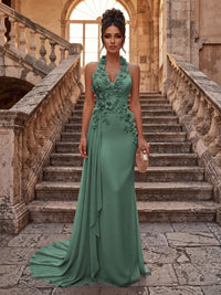 Sheath/Column Halter Chiffon Maxi Formal Dresses with 3D Flowers & Pleats