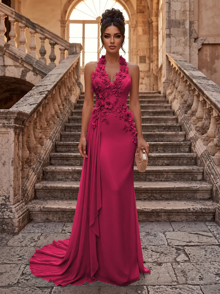 Sheath/Column Halter Chiffon Maxi Formal Dresses with 3D Flowers & Pleats