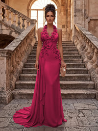 Sheath/Column Halter Chiffon Maxi Formal Dresses with 3D Flowers & Pleats