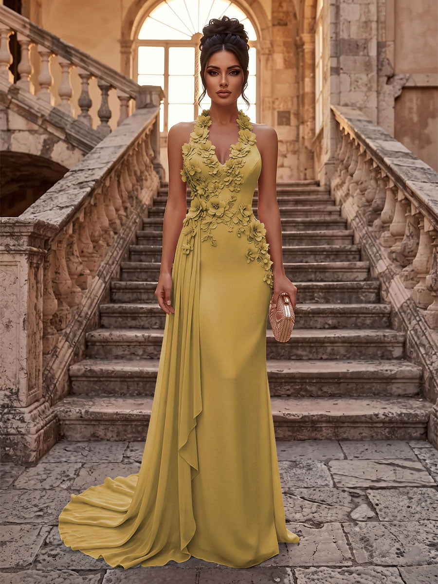 Sheath/Column Halter Chiffon Maxi Formal Dresses with 3D Flowers & Pleats