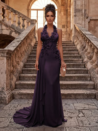 Sheath/Column Halter Chiffon Maxi Formal Dresses with 3D Flowers & Pleats