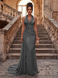 Sheath/Column Halter Chiffon Maxi Formal Dresses with 3D Flowers & Pleats