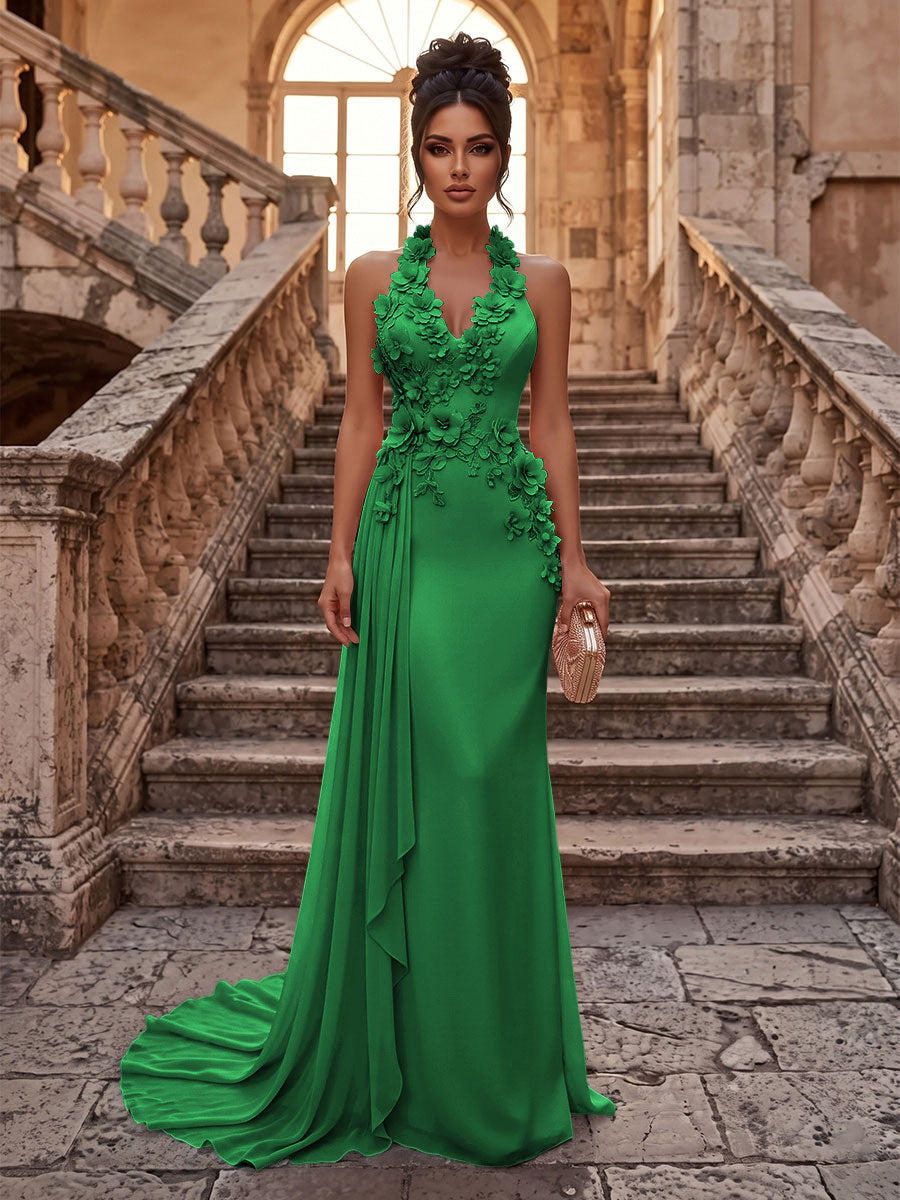 Sheath/Column Halter Chiffon Maxi Formal Dresses with 3D Flowers & Pleats