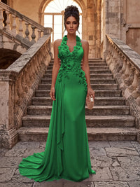 Sheath/Column Halter Chiffon Maxi Formal Dresses with 3D Flowers & Pleats