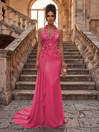 Sheath/Column Halter Chiffon Maxi Formal Dresses with 3D Flowers & Pleats
