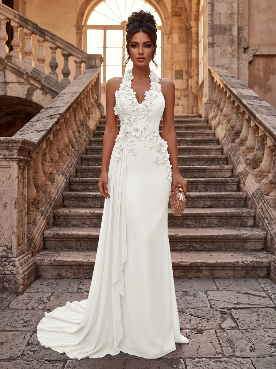 Sheath/Column Halter Chiffon Maxi Formal Dresses with 3D Flowers & Pleats