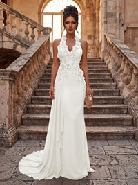 Sheath/Column Halter Chiffon Maxi Formal Dresses with 3D Flowers & Pleats