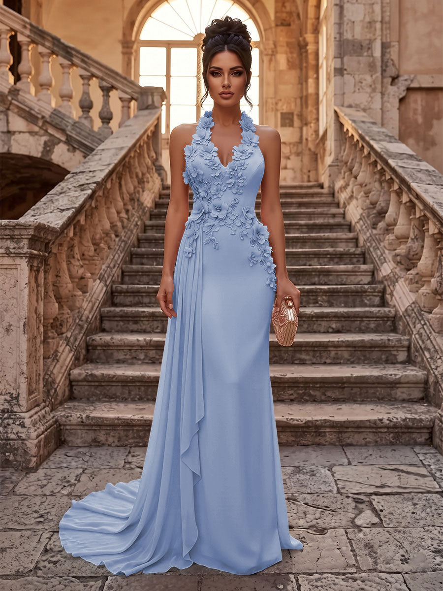 Sheath/Column Halter Chiffon Maxi Formal Dresses with 3D Flowers & Pleats