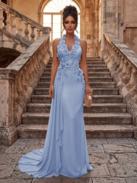 Sheath/Column Halter Chiffon Maxi Formal Dresses with 3D Flowers & Pleats
