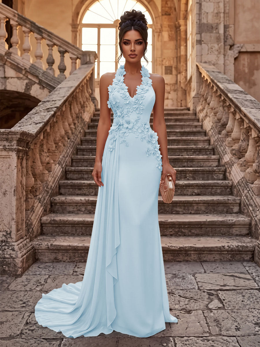 Sheath/Column Halter Chiffon Maxi Formal Dresses with 3D Flowers & Pleats