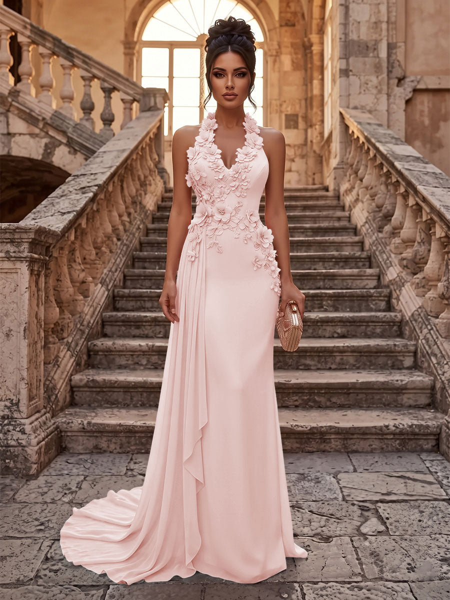 Sheath/Column Halter Chiffon Maxi Formal Dresses with 3D Flowers & Pleats