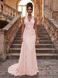 Sheath/Column Halter Chiffon Maxi Formal Dresses with 3D Flowers & Pleats