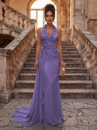 Sheath/Column Halter Chiffon Maxi Formal Dresses with 3D Flowers & Pleats