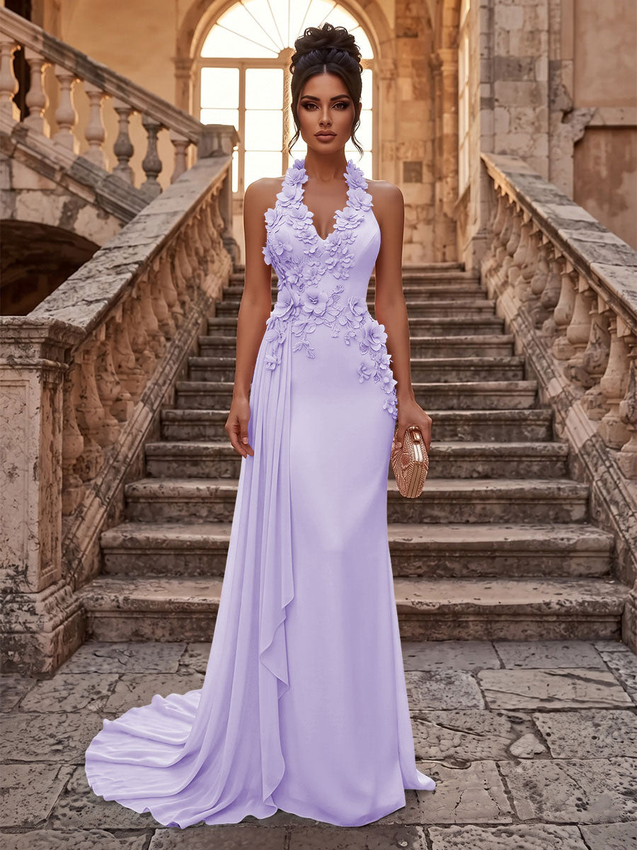 Sheath/Column Halter Chiffon Maxi Formal Dresses with 3D Flowers & Pleats