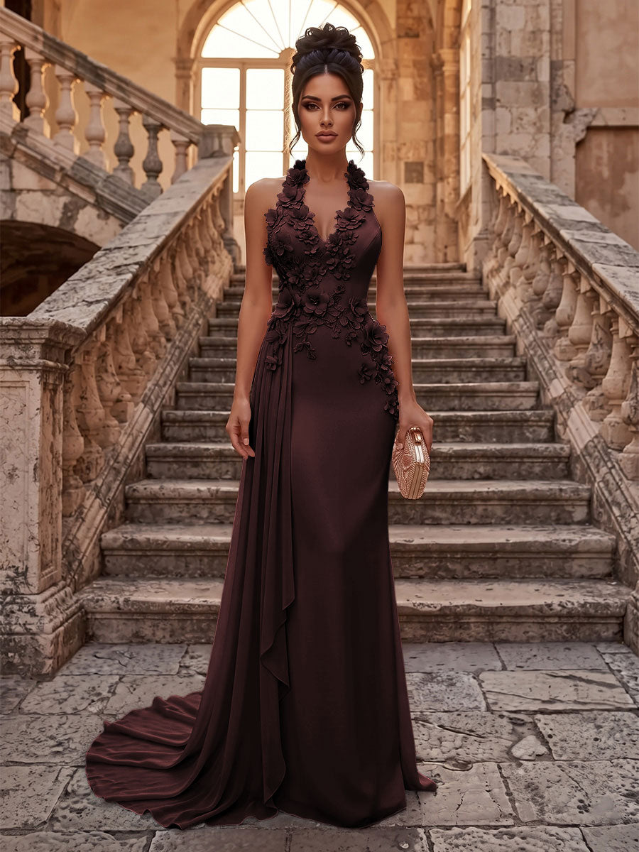 Sheath/Column Halter Chiffon Maxi Formal Dresses with 3D Flowers & Pleats