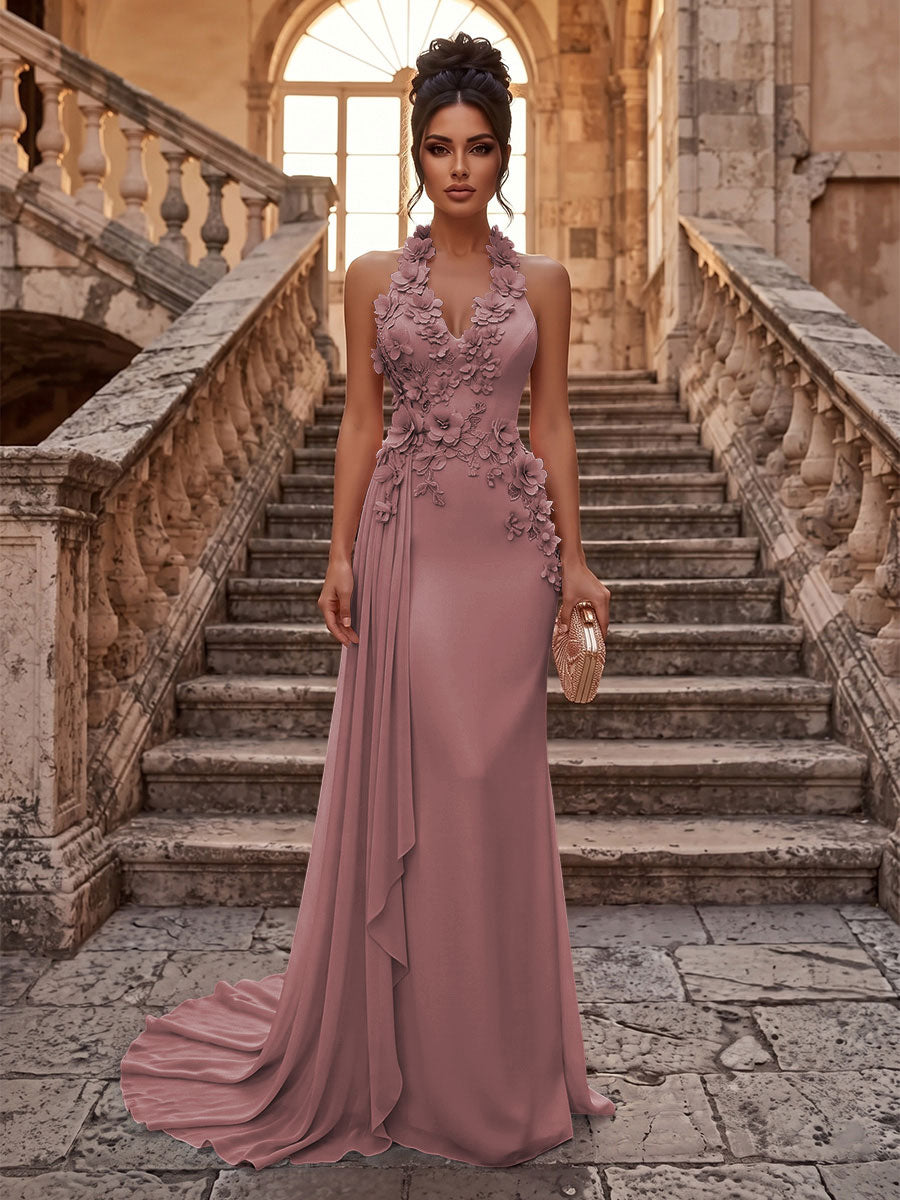 Sheath/Column Halter Chiffon Maxi Formal Dresses with 3D Flowers & Pleats