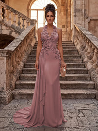 Sheath/Column Halter Chiffon Maxi Formal Dresses with 3D Flowers & Pleats