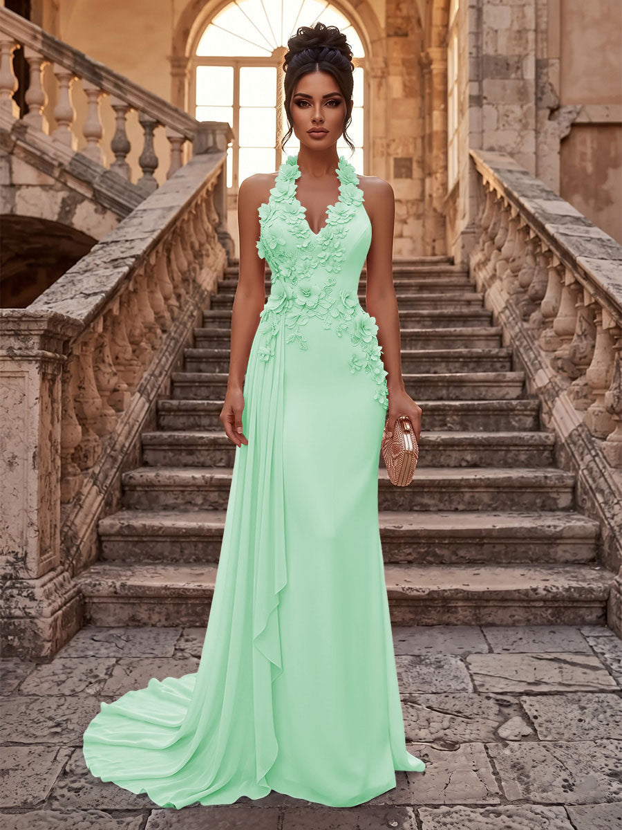 Sheath/Column Halter Chiffon Maxi Formal Dresses with 3D Flowers & Pleats