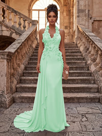 Sheath/Column Halter Chiffon Maxi Formal Dresses with 3D Flowers & Pleats