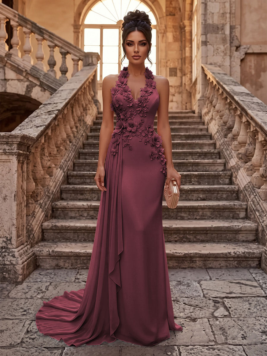 Sheath/Column Halter Chiffon Maxi Formal Dresses with 3D Flowers & Pleats
