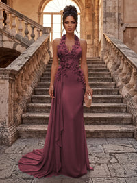Sheath/Column Halter Chiffon Maxi Formal Dresses with 3D Flowers & Pleats