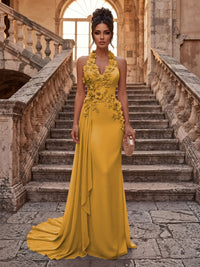 Sheath/Column Halter Chiffon Maxi Formal Dresses with 3D Flowers & Pleats