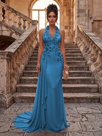 Sheath/Column Halter Chiffon Maxi Formal Dresses with 3D Flowers & Pleats