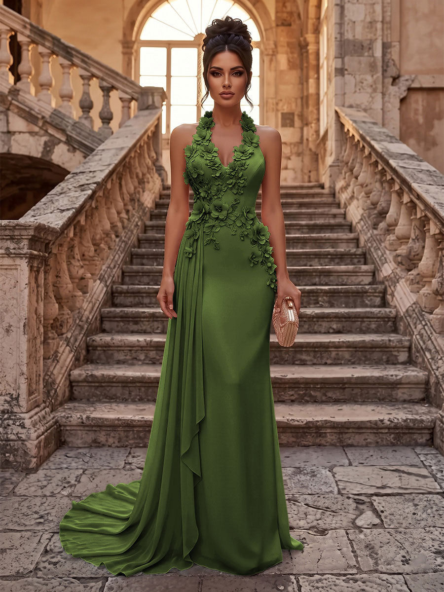 Sheath/Column Halter Chiffon Maxi Formal Dresses with 3D Flowers & Pleats
