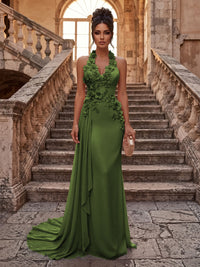 Sheath/Column Halter Chiffon Maxi Formal Dresses with 3D Flowers & Pleats