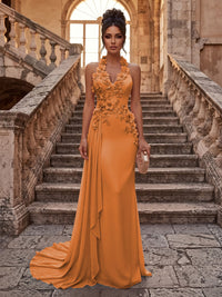 Sheath/Column Halter Chiffon Maxi Formal Dresses with 3D Flowers & Pleats