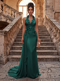 Sheath/Column Halter Chiffon Maxi Formal Dresses with 3D Flowers & Pleats