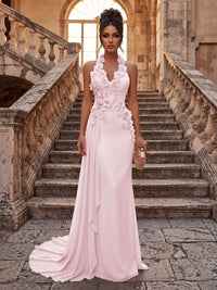 Sheath/Column Halter Chiffon Maxi Formal Dresses with 3D Flowers & Pleats