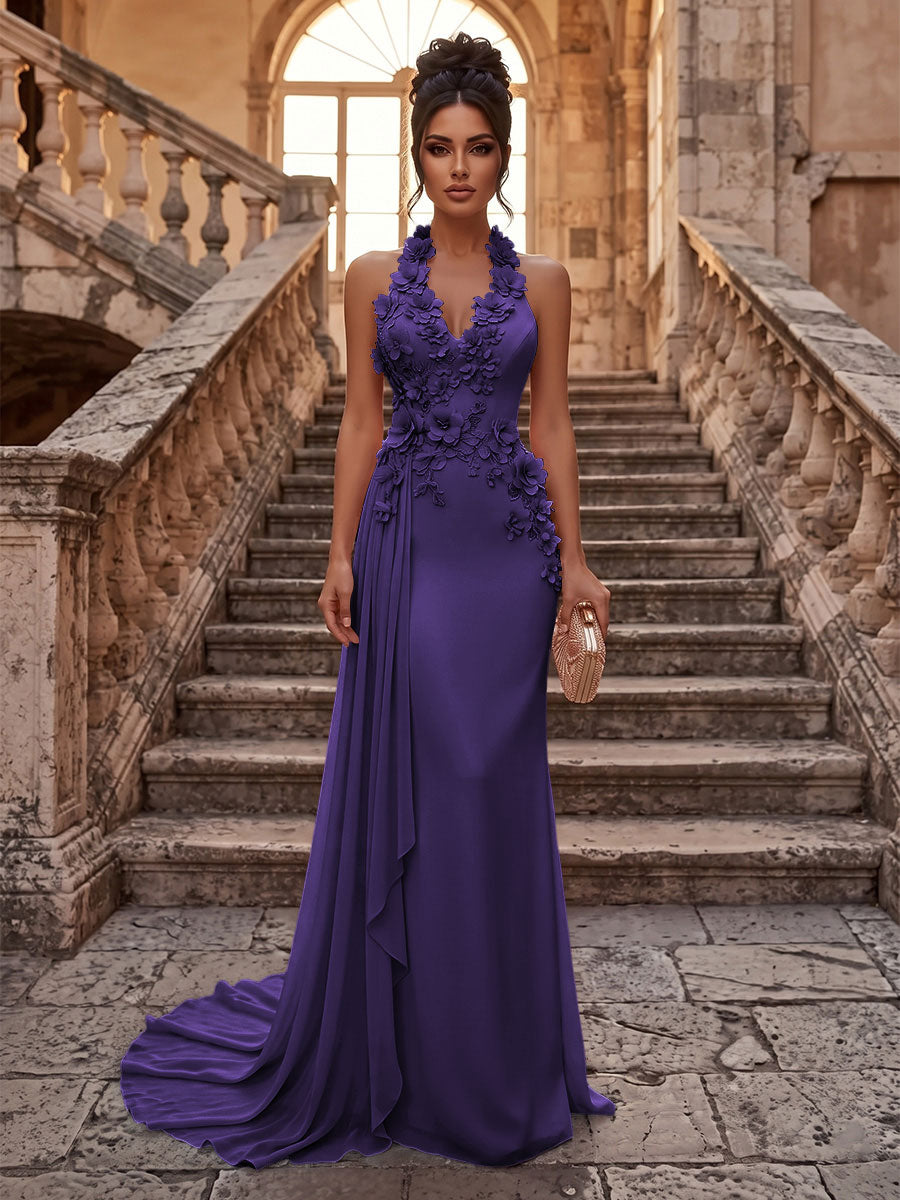 Sheath/Column Halter Chiffon Maxi Formal Dresses with 3D Flowers & Pleats