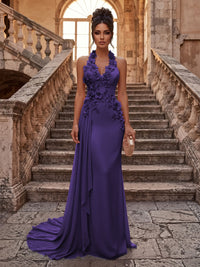 Sheath/Column Halter Chiffon Maxi Formal Dresses with 3D Flowers & Pleats